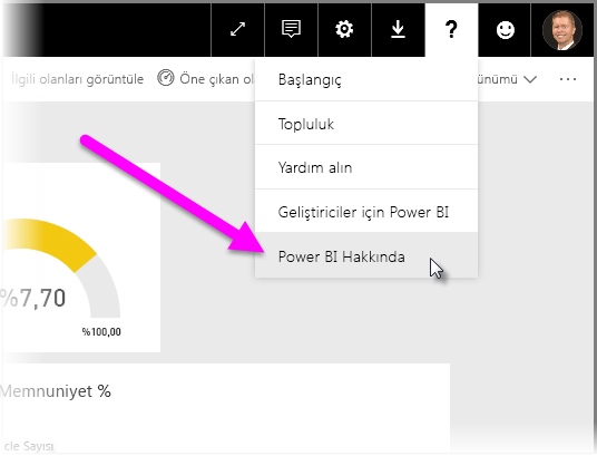 Screenshot shows the question mark where you can determine your Power BI tenant location.
