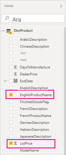 Screenshot of the Fields pane with the EnglishProductName and ListPrice fields highlighted.