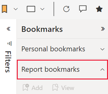 A screenshot showing the Bookmarks pane. Report bookmarks is outlined.