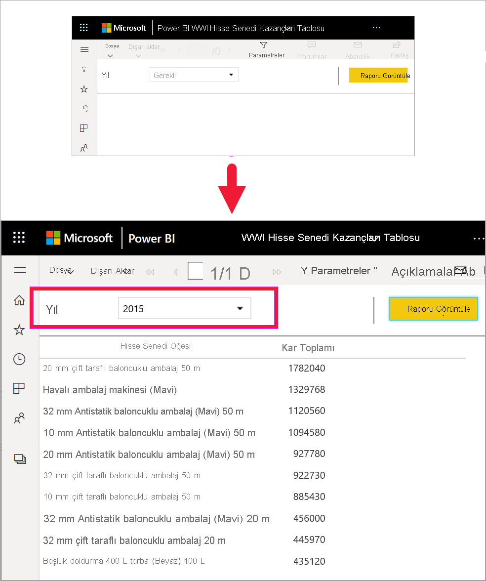 Screenshot showing a report with the year parameter selected.