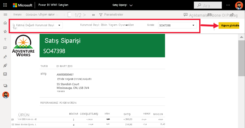 Screenshot showing the report with three parameters.