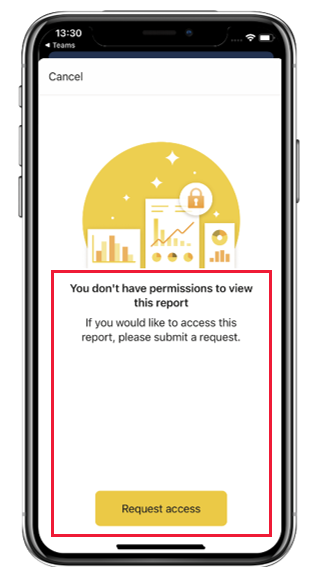 Power BI mobil uygulaması istek-erişim-iletişim kutusunun ekran görüntüsü.