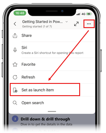 Power BI mobil uygulamasındaki bir rapordaki Başlatma öğesi olarak ayarla seçeneğinin ekran görüntüsü.
