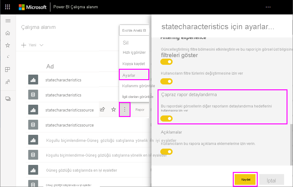 Screenshot showing enabling cross-report drillthrough in the Power B I service.