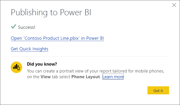 Başarılı Bir Power BI'da Yayımlama iletişim kutusunun ekran görüntüsü.