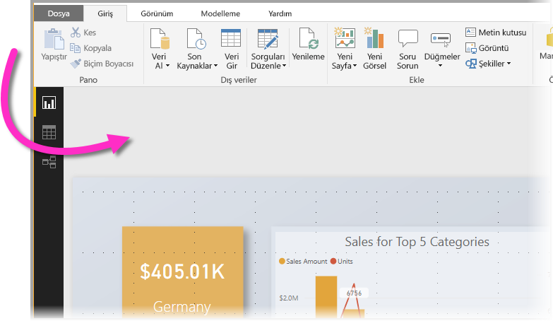 Duvar kağıdı alanını vurgulayan Power BI Desktop'ın ekran görüntüsü.