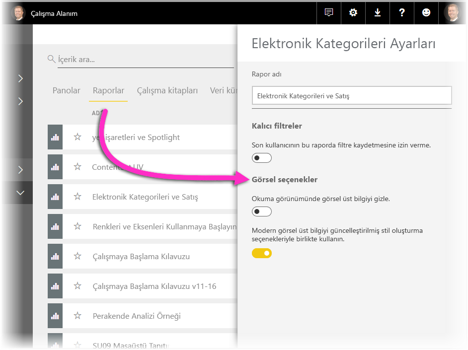 Power BI hizmetindeki bir raporun ayarlarının ekran görüntüsü.