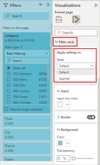 Screenshot of the Visualizations pane, highlighting the Filter cards options.