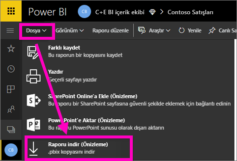 Power BI hizmeti 'PBIX dosyasını indir' seçeneğinin vurgulandığı dosya menüsünün ekran görüntüsü.