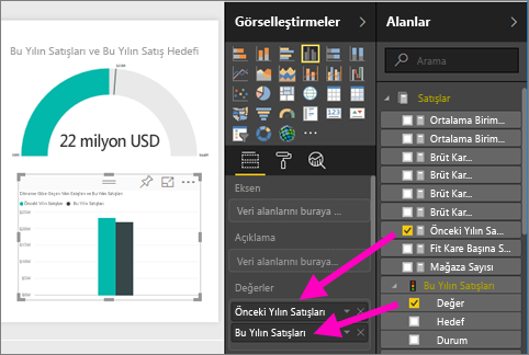Veri bölmesinde Geçen Yılın Satışları ve Değeri'nin seçili olduğu görselleştirmenin ekran görüntüsü.