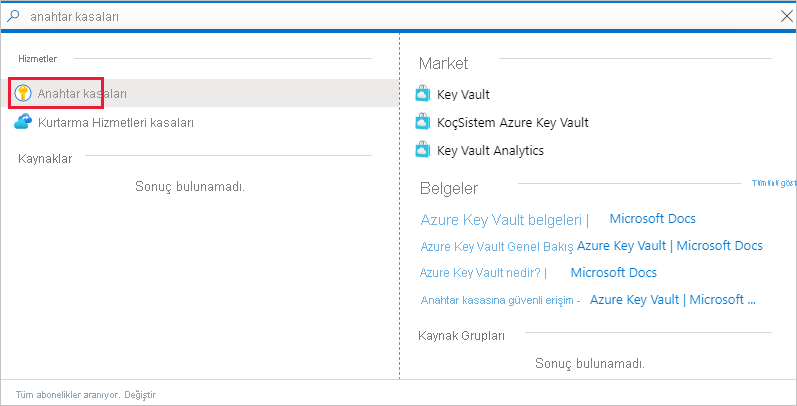 Hizmetler listesinde anahtar kasası hizmetinin bağlantısını gösteren Azure portalı penceresinin ekran görüntüsü.