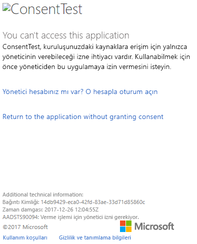 Onay Testi izin hatasını gösteren Azure portalı penceresi oturum açma iletişim kutusunun ekran görüntüsü.