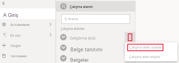 Çalışma alanının Diğer menüsü genişletilmiş Power BI hizmeti ekran görüntüsü. Bu menüde üç nokta ve Çalışma Alanı ayarları vurgulanır.