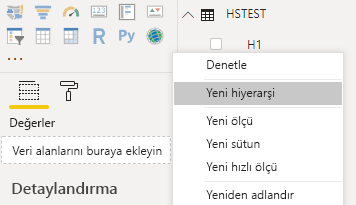 Bağlam menüsünde Yeni hiyerarşinin seçili olduğu Power BI Desktop'ın ekran görüntüsü.