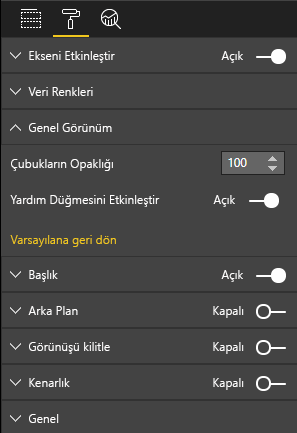 Yeni Yardım Düğmesini Etkinleştir seçeneğini gösteren Power BI Görselleştirmeleri bölmesinin ekran görüntüsü.