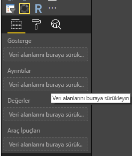 Veri alanları demetlerinin boş olduğunu gösteren Power BI ekran görüntüsü.