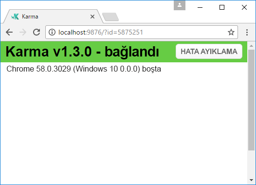 Chrome tarayıcısının karma.js'nin test davasını çalıştırdığını gösteren ekran görüntüsü.