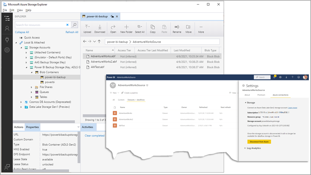 Bir yedeklemenin seçili olduğu Azure Depolama Gezgini ekran görüntüsü. Power BI penceresinin bir bölümü ayarlar iletişim kutusunu gösterir.