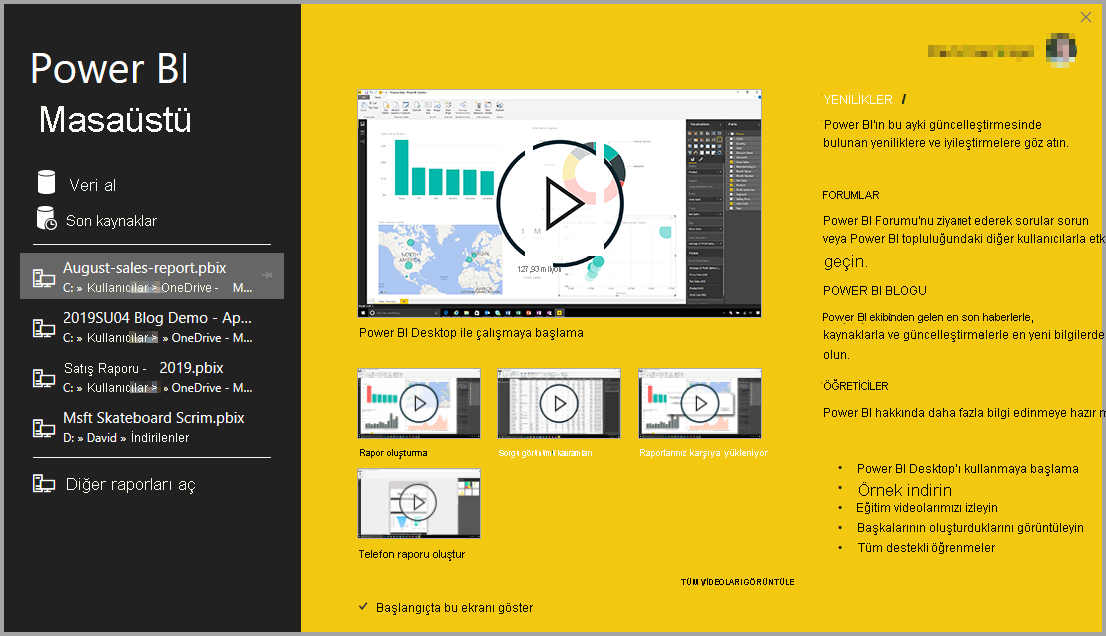 Screenshot of Power BI Desktop installation showing the welcome screen.