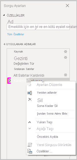Uygulanan Adımları değiştirme seçeneklerini gösteren Power BI Desktop’ın ekran görüntüsü.