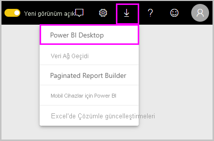 Power BI Desktop’ı indirme seçeneğini gösteren Power BI hizmetinin ekran görüntüsü.