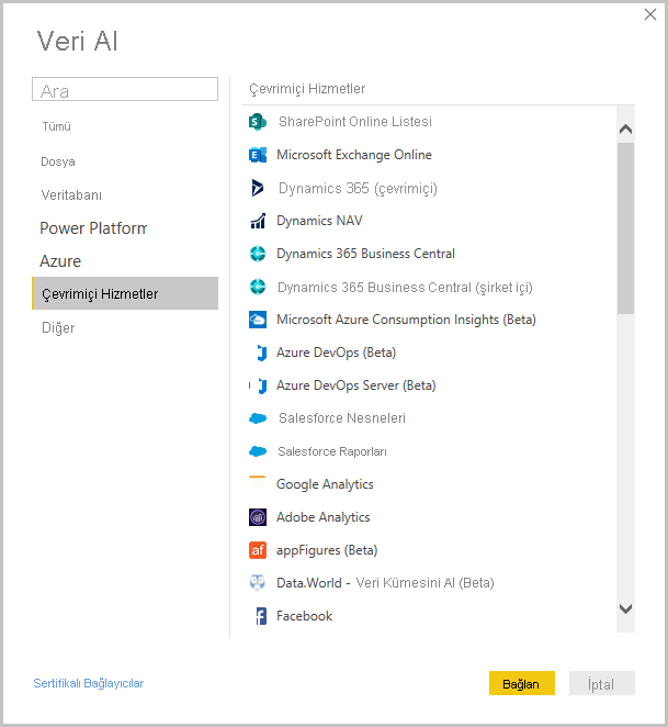 Veri Al iletişim kutusunu gösteren Power BI Desktop’ın ekran görüntüsü.