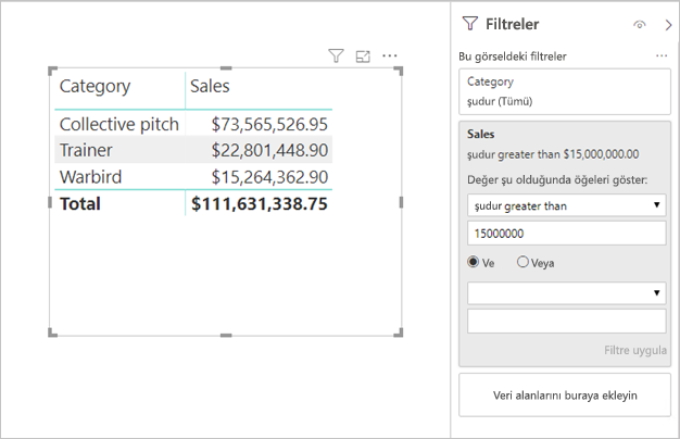 Uygulanan filtrelerle tablo verilerini gösteren Power BI Desktop'ın ekran görüntüsü.