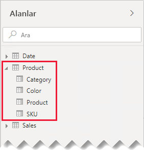 The Fields pane shows both tables expanded, and the columns are listed as fields with Product called out.