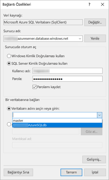 Veritabanına bağlan seçeneklerinin nerede bulunacağı gösteren Bağlantı Özellikleri iletişim kutusunun ekran görüntüsü.