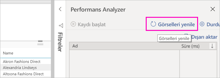 Screenshot of the Refresh visuals button in the Performance Analyzer.