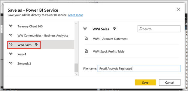 Screenshot showing Save as to the Power BI service.