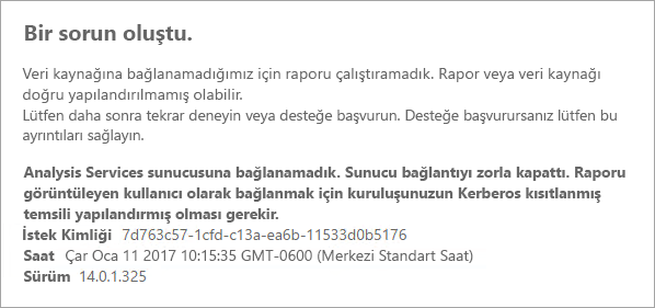 Screenshot of Power B I Reports showing error message related to issues connecting with Analysis Services server.