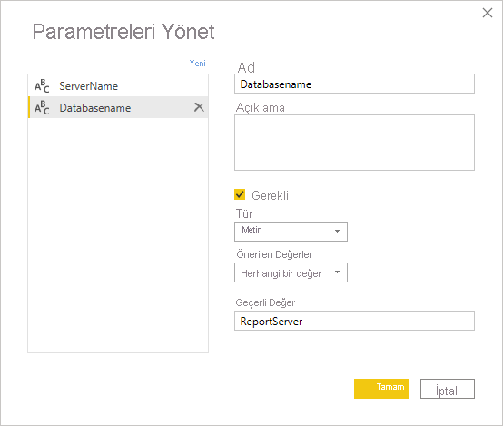 Parametreleri Yönet, sunucu adını ve veritabanı adını ayarla'yı gösteren ekran görüntüsü.