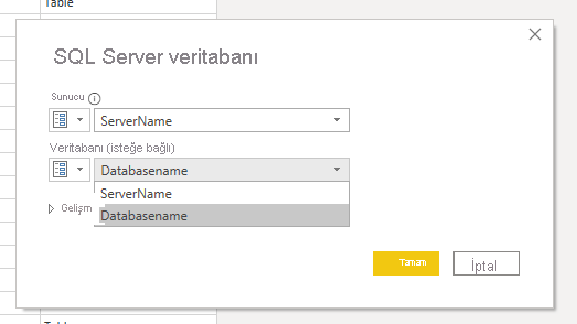 Sunucu ve Veritabanı adını eşlemeyi gösteren ekran görüntüsü.