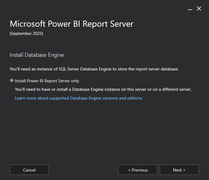 Power BI Rapor Sunucusu yükleyicisinde Yalnızca Power BI Rapor Sunucusunu Yükle seçeneğinin seçili olduğu Veritabanı Altyapısını Yükle sayfasının ekran görüntüsü.