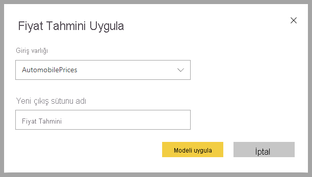 Fiyat Tahmini Uygula iletişim kutusunun ekran görüntüsü.