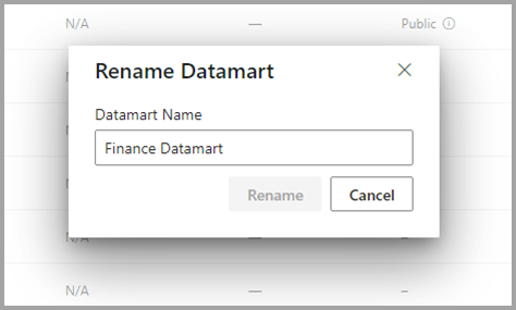 Çalışma alanından bir datamart'ın yeniden adlandırılması ekran görüntüsü.