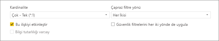 Screenshot of the lower portion of the Create relationship dialog box showing Cardinality and Cross filter direction options.