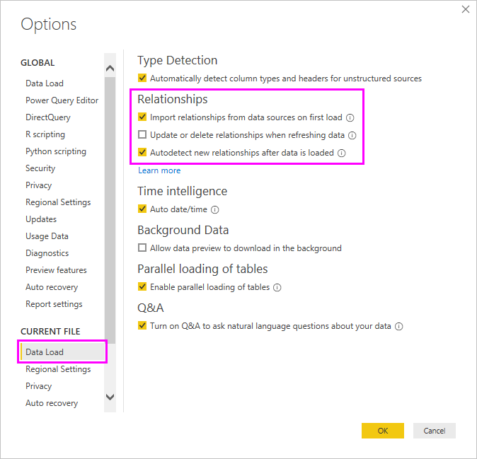 Screenshot of the Options box showing the Relationships settings in the Data Load tab.