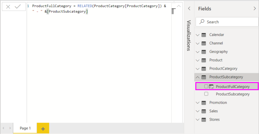 Tamamlanmış ProductFullCategory sütununun ekran görüntüsü.