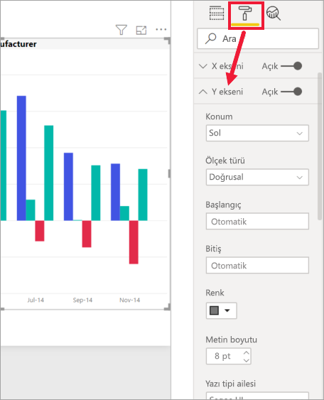 Screenshot showing Format pane with arrow to Y axis card.