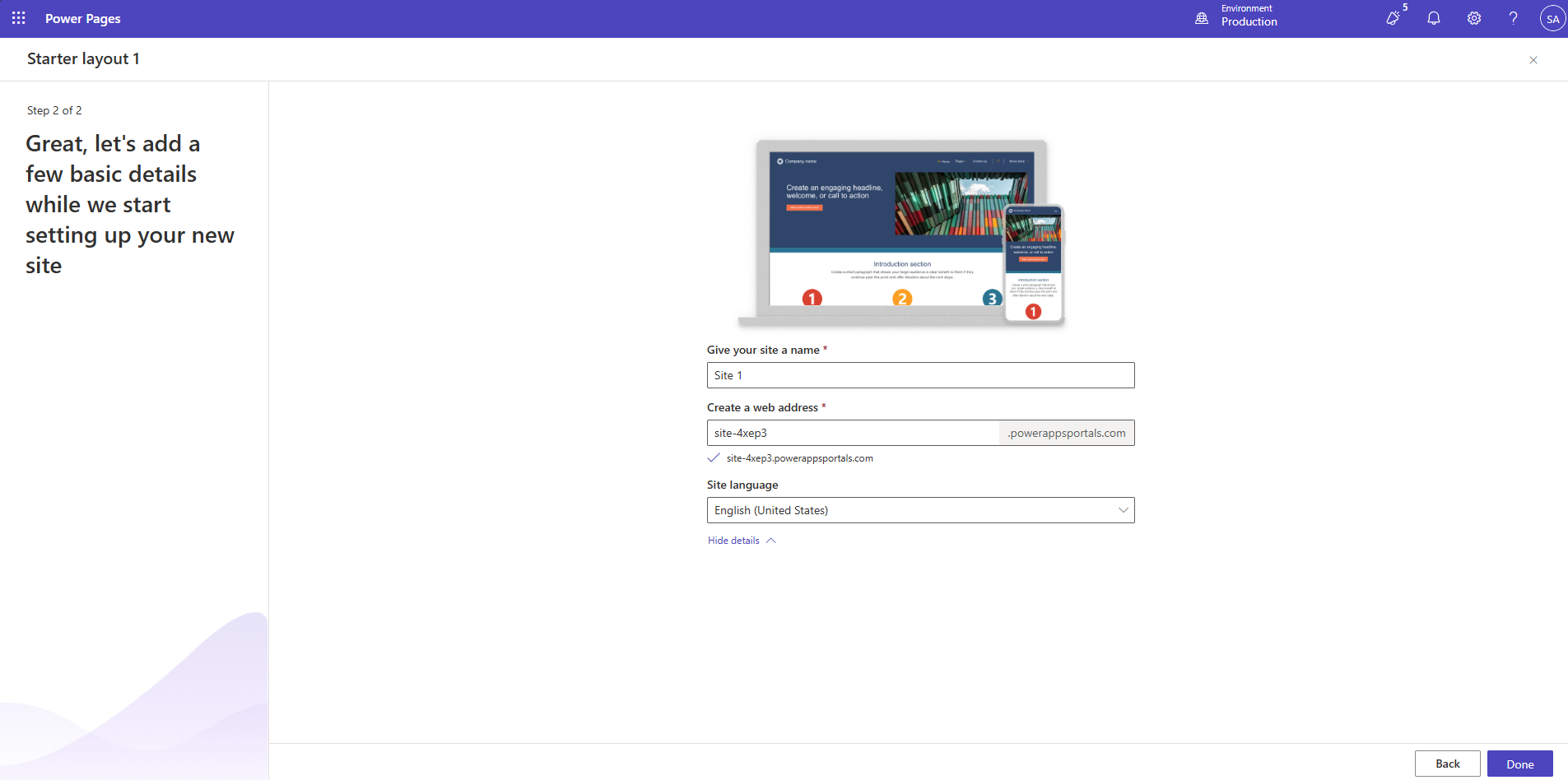 Site sağlama seçenekleri görüntülenen tasarım stüdyosu.