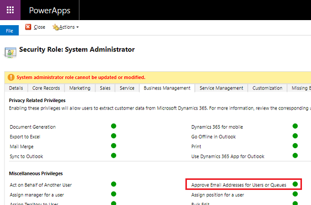 Kullanıcı veya Kuyruklar için E-posta Adresini Onaylama ayrıcalığı ekleme işlemini gösteren ekran görüntüsü.