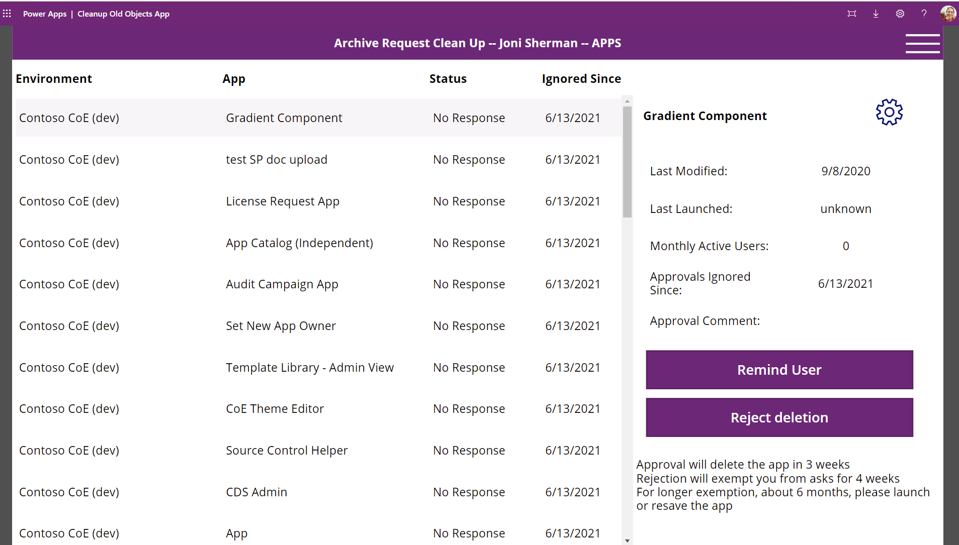 Anımsatıcı Kullanıcı veya Silmeyi Reddet seçeneklerini gösteren Eski Nesneleri Temizleme Uygulamasının ekran görüntüsü.