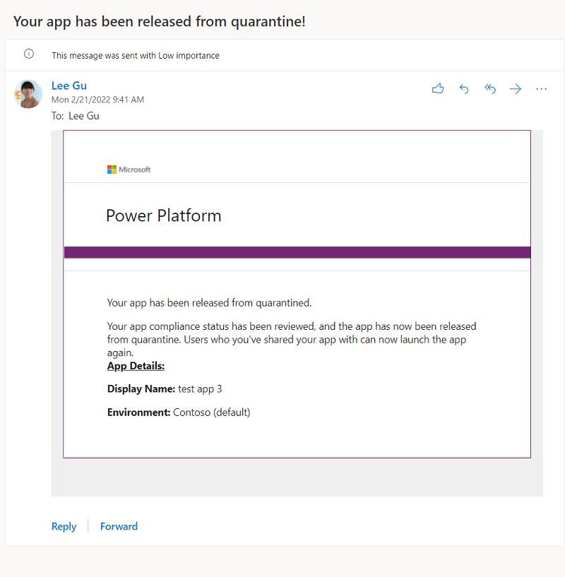 Bir oluşturucuya, uygulamasının karantinadan çıkarıldığını bildiren örnek bildirim.