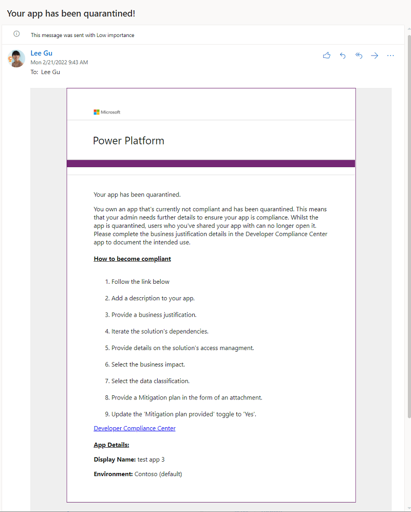 Bir oluşturucuya, uygulamasının karantinaya alındığını ve bundan sonra ne yapacağını bildiren örnek bildirim.