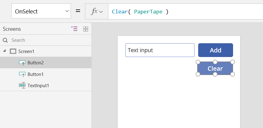 PaperTape'ten tüm değerleri temizleyerek Temizle düğmesinin OnSelect özelliğinin ekran görüntüsü.
