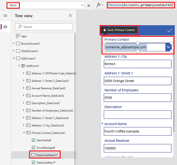 Form denetimini içeren tuval ekranı. Birincil İlgili Kişi kartının içindeki Combo box denetimi seçilidir ve Choices( Accounts.'Primary Contact' ) formülünü içeren Items özelliği görüntülenir.