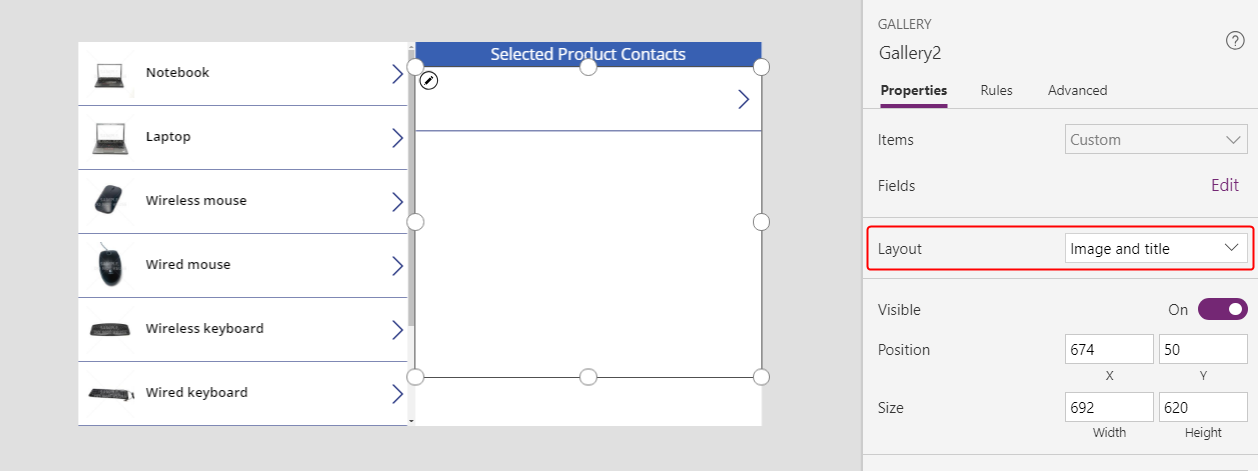 ContactsGallery - Layout öğesini yapılandırma.