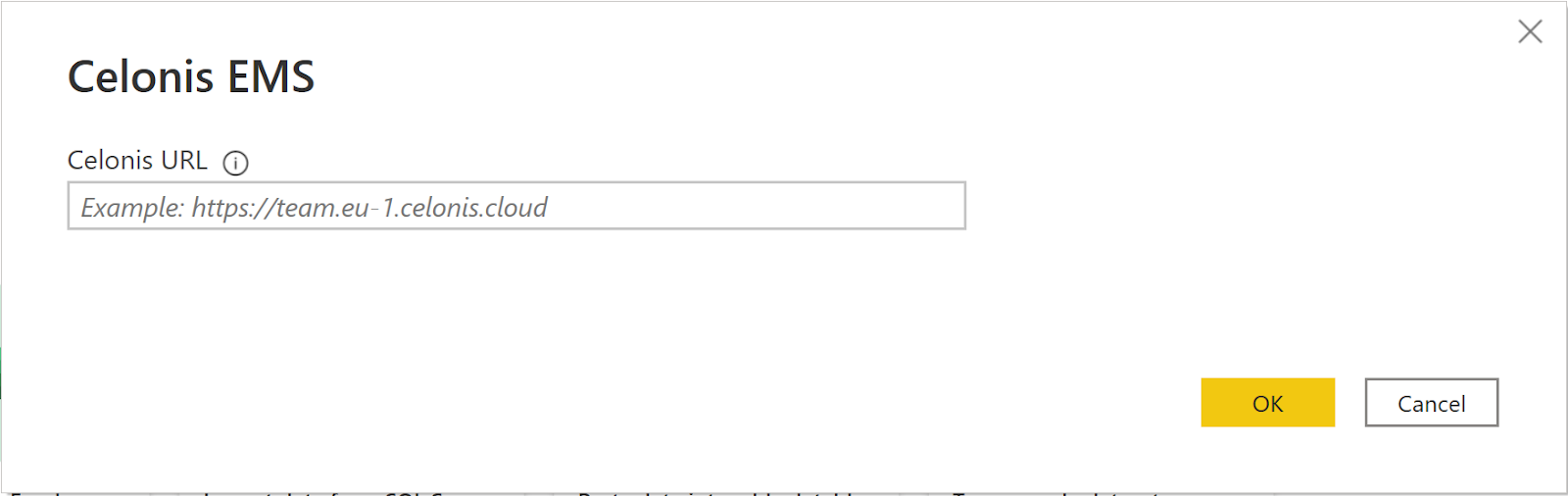 Celonis EMS URL'sinin girilmiş olduğu Celonis EMS iletişim kutusunun ekran görüntüsü.
